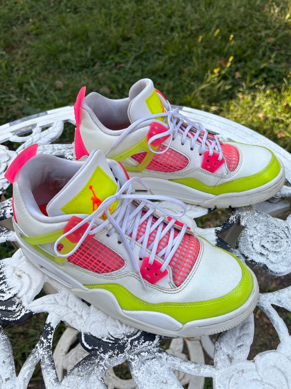 Kids Jordan Women’s White Neon Pink Lime Accent Sneakers Air Jordan 4 Retro GS